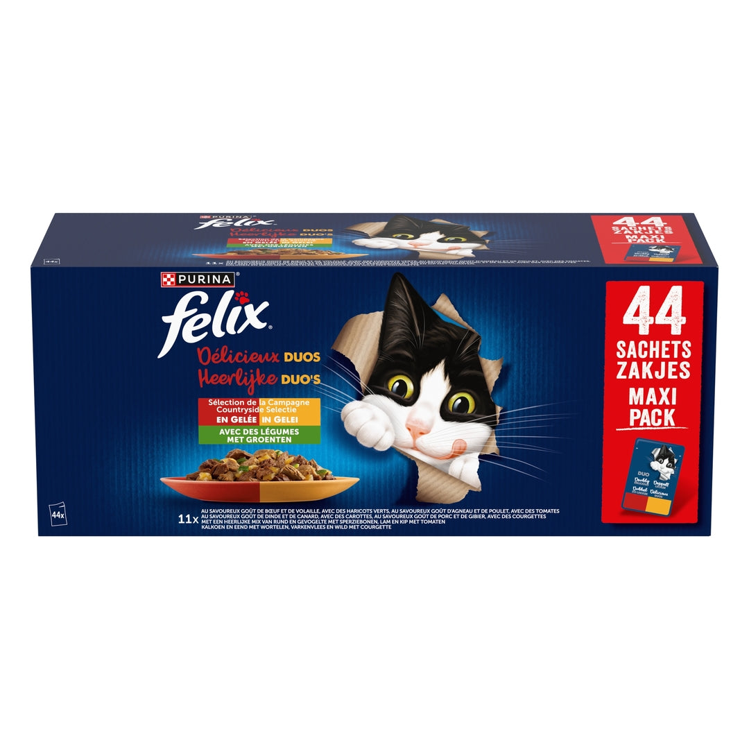 FELIX Tendres Effilés Délicieux Duos Sélection Campagne en Gelée pour Chat Adulte 44 x 85 g