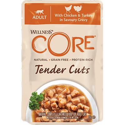 WELLNESS CORE Tender Cuts Nourriture humide pour chat adulte Poulet et Dinde en sauce 85g