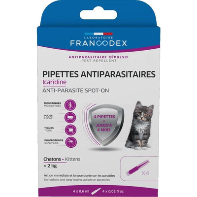 FRANCODEX Pipettes Icaridine Chaton 0,6ml 4 Pipettes Moins de 2kg