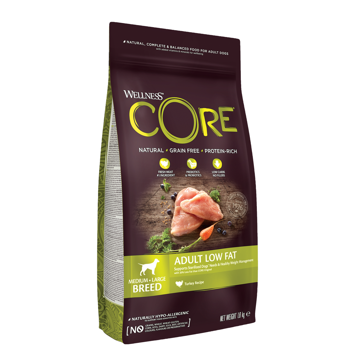 WELLNESS CORE Adult Low Fat Croquettes Chien Moyenne et Grande Taille Dinde 1,8kg