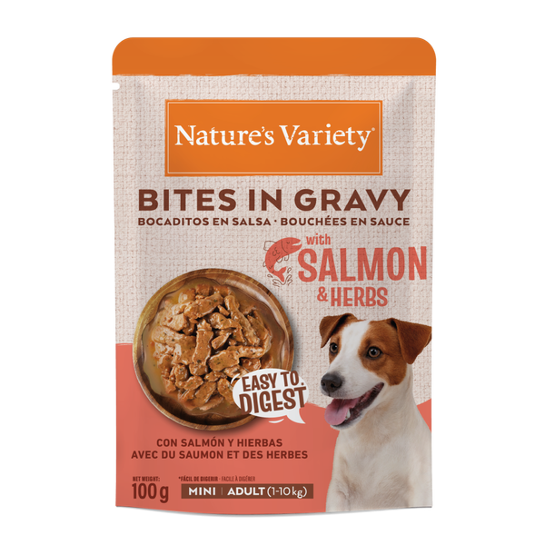 NATURE’S VARIETY Bites in Gravy mini, saumon et herbes 100 g