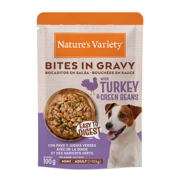 NATURE’S VARIETY Bites in Gravy mini, dinde et haricots verts 100 g