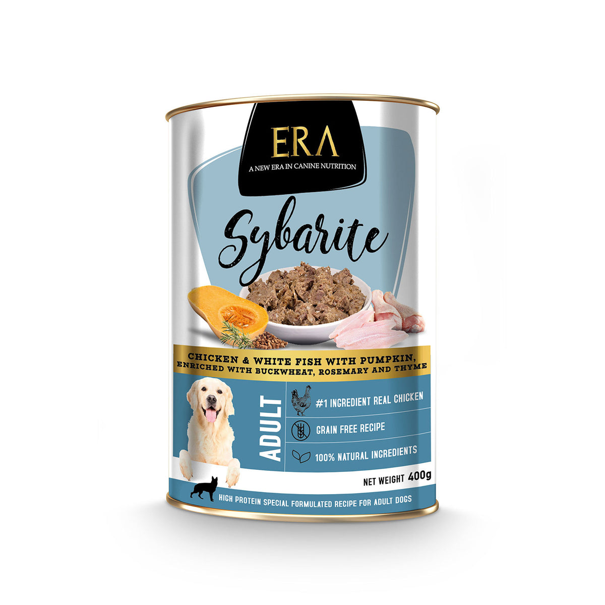 Era Sybarite Adulte - POULET ET POISSON BLANC À LA CITROUILLE, ENRICHIE DU SARRASINE, ROMARIN ET THYM 400 g.