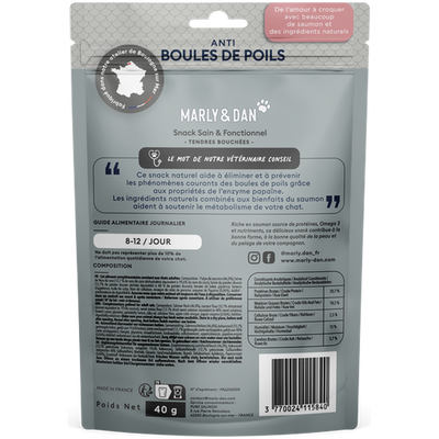 MARLY ET DAN Tendres Bouchées Anti Boules de Poil Chat Sans Céréales Saumon 40g
