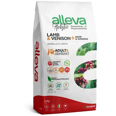 Croquettes sans céréales Alleva Holistic Agneau & Cerf + Chanvre & Ginseng chat adulte