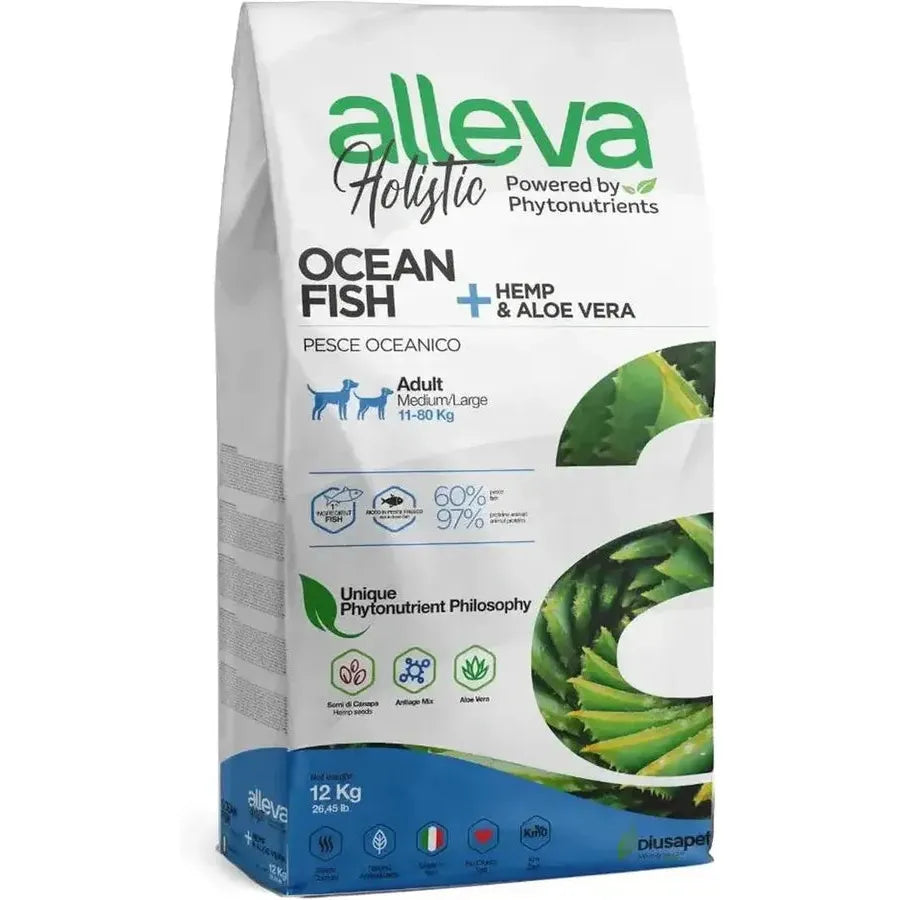 Croquettes sans céréales Alleva Holistic Poisson + Chanvre & Aloe Vera chien adulte medium/maxi