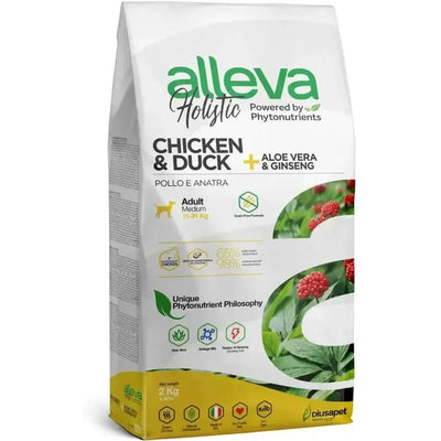 Croquettes sans céréales Alleva Holistic Poulet & Canard + Aloe Vera & Ginseng chien adulte medium