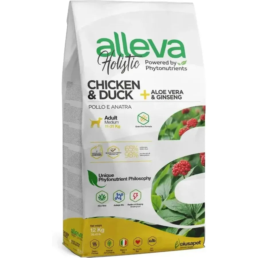 Croquettes sans céréales Alleva Holistic Poulet & Canard + Aloe Vera & Ginseng chien adulte medium