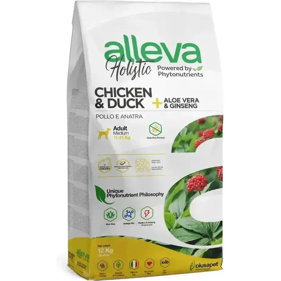 Croquettes sans céréales Alleva Holistic Poulet & Canard + Aloe Vera & Ginseng chien adulte medium