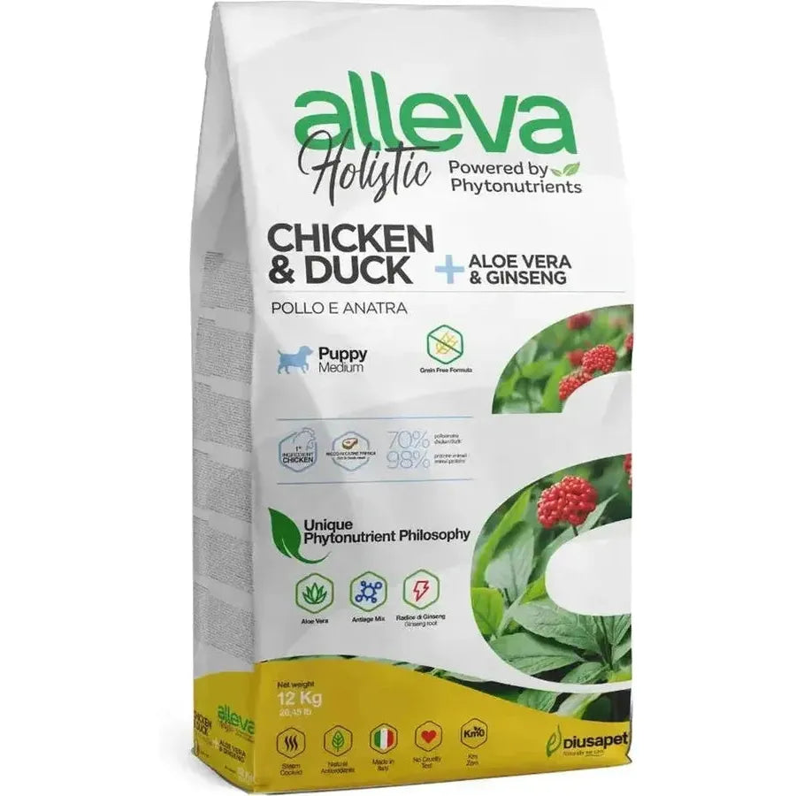 Croquettes sans céréales Alleva Holistic Poulet & Canard + Aloe Vera & Ginseng chiot maxi