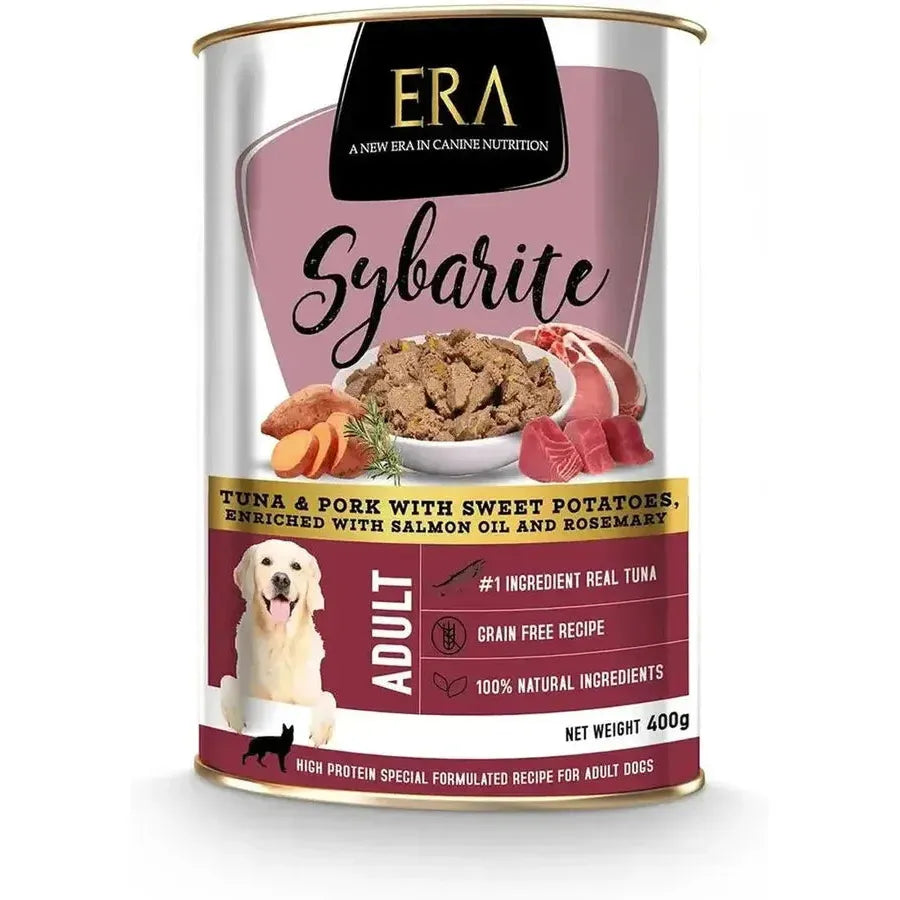 Era Sybarite Adulte - THON ET PORC AVEC POMME DE TERRE DOUCE, ENRICHIE EN SAUMON ET HUILE DE ROMARIN 400 g.