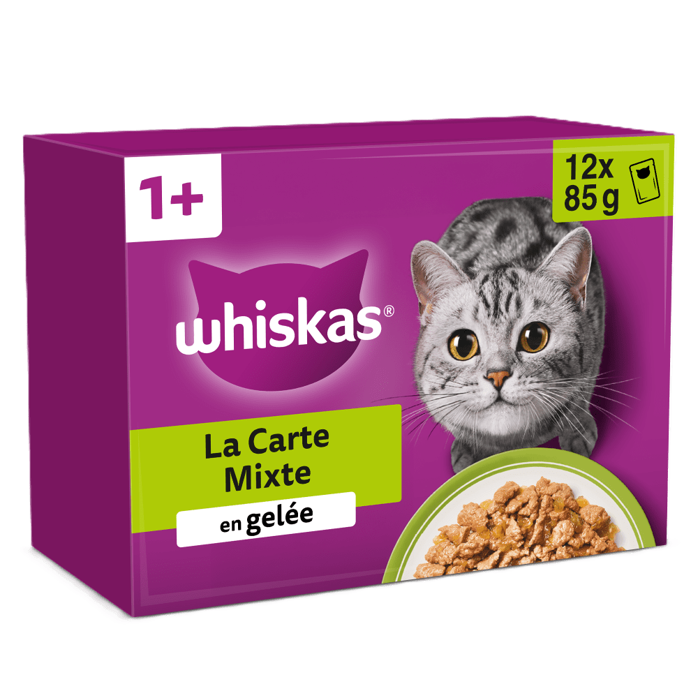 WHISKAS Sachets Fraîcheur La Carte Mixte en Gelée pour Chat Adulte 4 Variétés 48 x 85 g