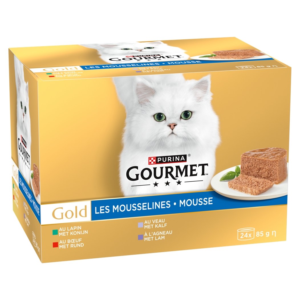 Carton GOURMET Gold Les Mousselines 24 x 85 g, vue de trois quarts