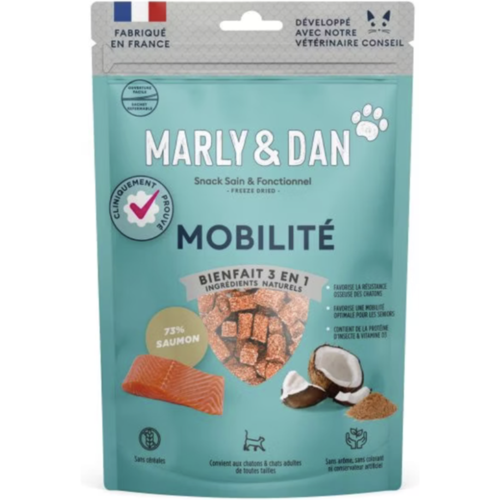 MARLY ET DAN Freeze Dried Mobilité Chien Saumon Noix de Coco Insectes 50g