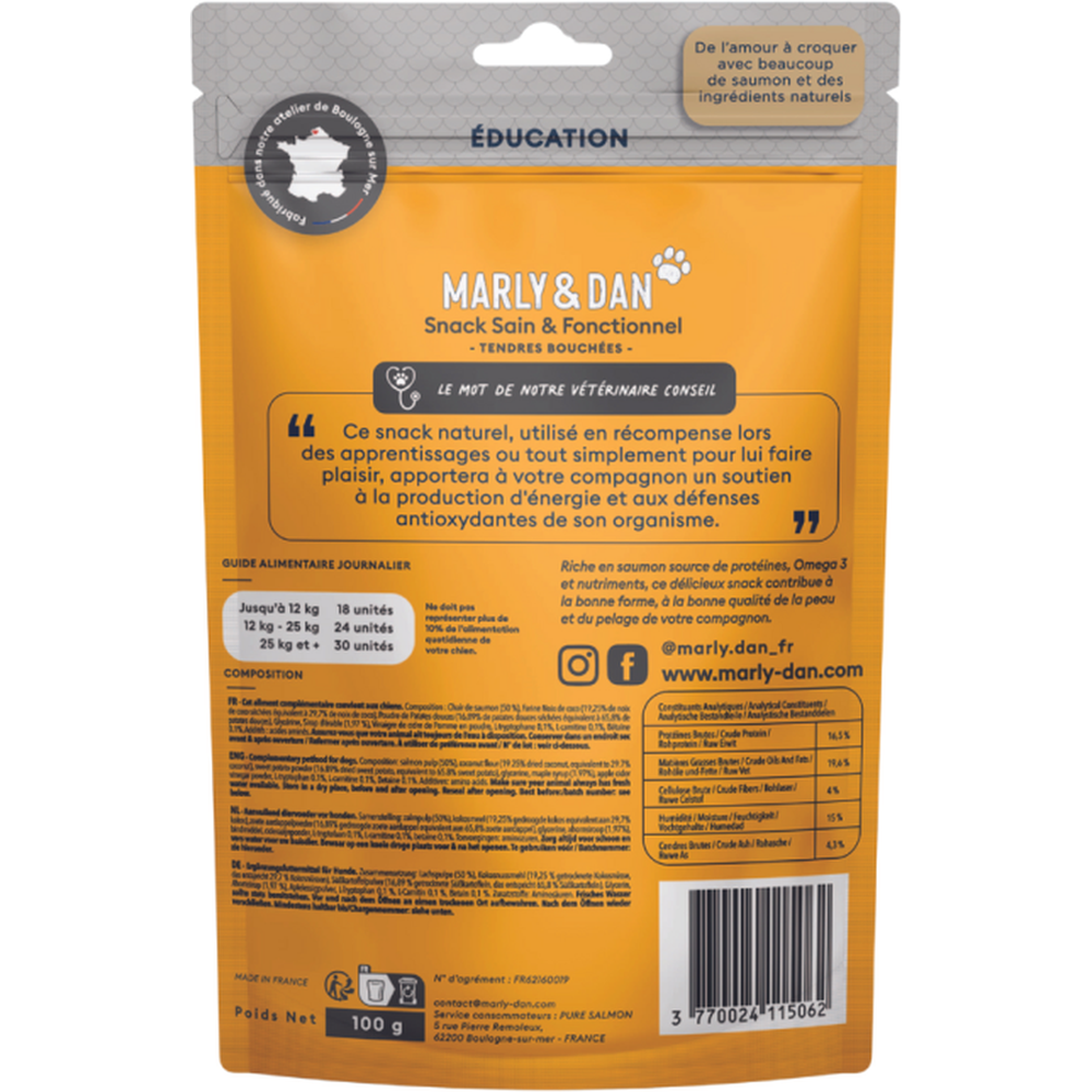 MARLY ET DAN Tendres Bouchées Training pour Chiens Adultes Saumon Sans Céréales 100g
