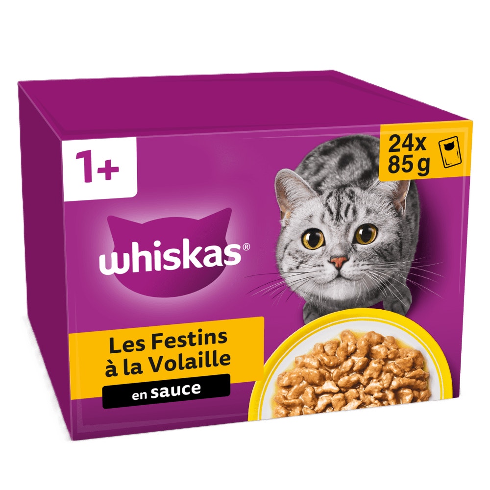 WHISKAS Sachets Fraîcheur Les Festins à la Volaille en Sauce pour Chat Adulte 4 Variétés 24 x 85 g