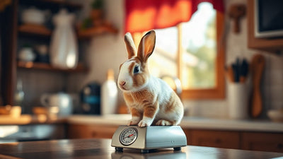 Lapin nain sur une balance de cuisine, intérieur domestique, lumière naturelle douce.