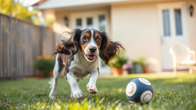 Un cocker spaniel anglais jouant joyeusement dans un jardin, bondissant après une balle.