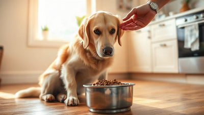 Chien assis devant sa gamelle de nourriture mélangée à une poudre blanche probiotique, dans une cuisine lumineuse