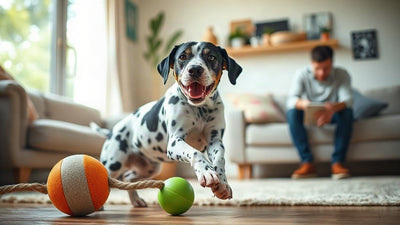 Dalmatien noir et blanc jouant dans un salon, son propriétaire flou en arrière-plan