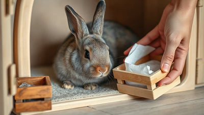 Jeune lapin gris dans son enclos, près d’une caisse de transport ouverte et garnie d’une serviette.