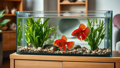 Deux poissons rouges nageant dans un aquarium rectangulaire avec plantes, dans un intérieur domestique.