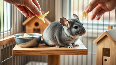 Chinchilla gris dans une cage aménagée avec foin, bain de poussière et maison en bois