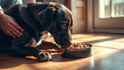 Chien mangeant ses croquettes dans un bol, cuisine chaleureuse
