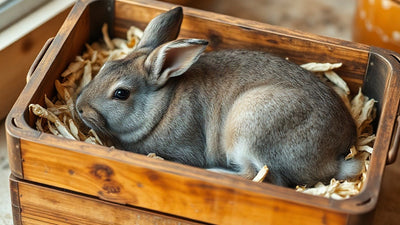 Lapin gris couché de côté dans son clapier, les yeux mi-clos.