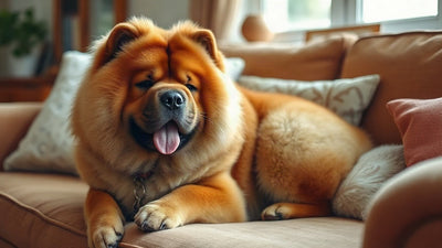 Un chow chow aux poils épais, allongé sur un canapé près d'une fenêtre, langue bleue-noire visible