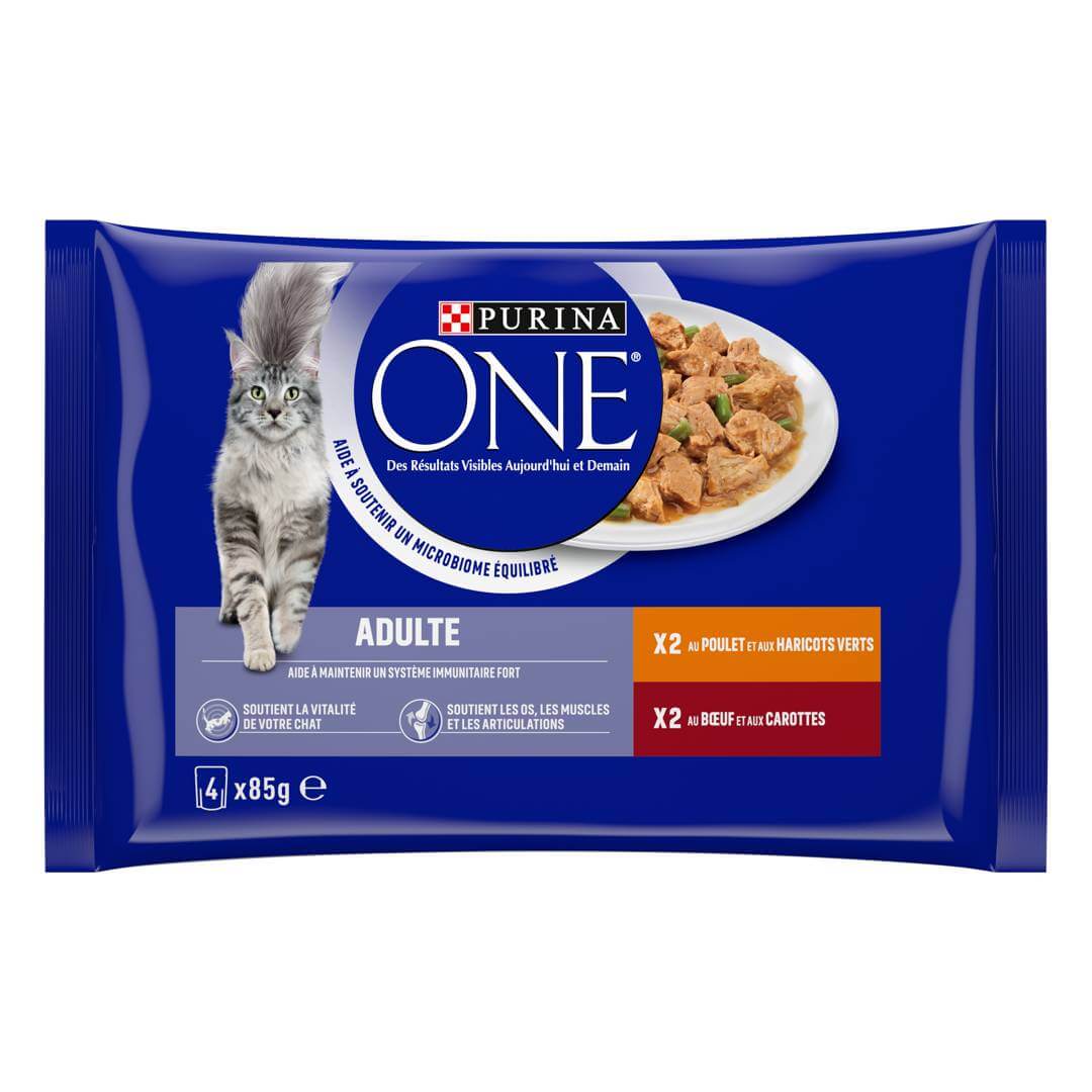 PURINA ONE Sachets pour Chat Adulte Bœuf et Poulet aux Légumes en Sauce 4x85g