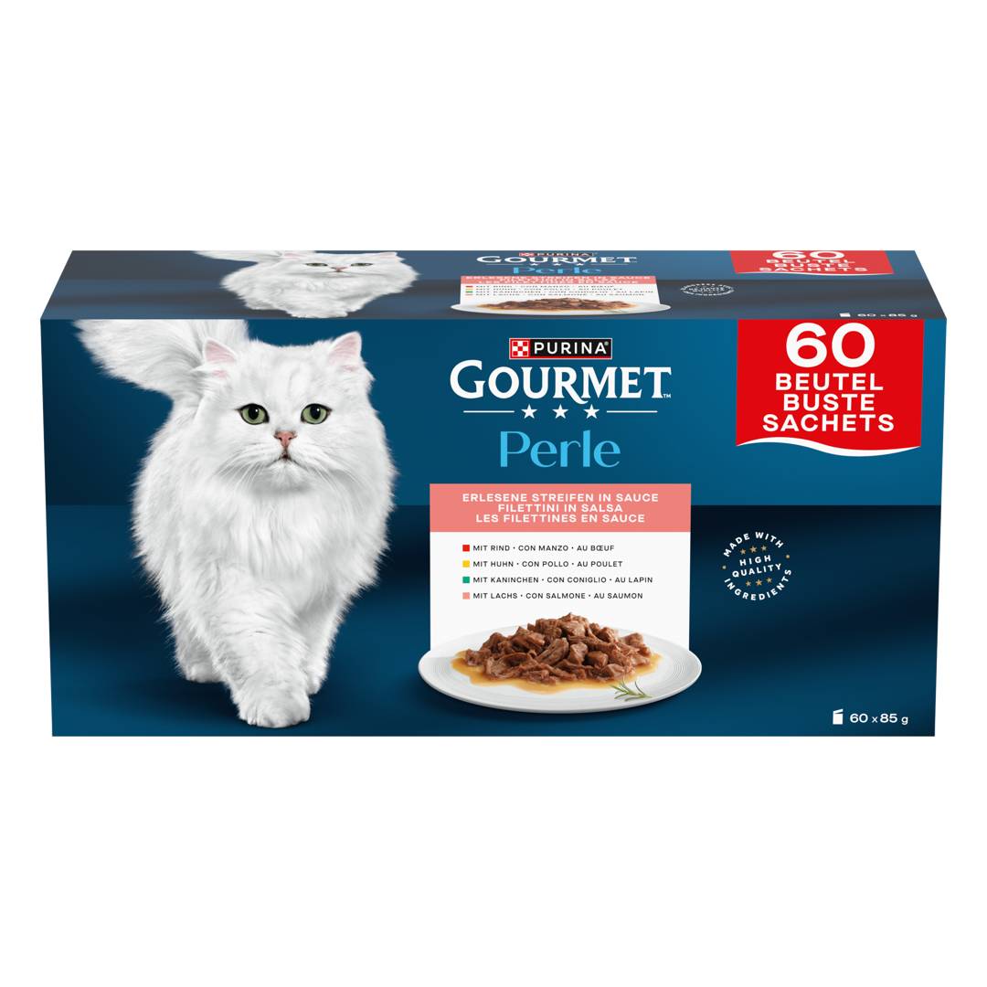 GOURMET Perle Les Filettines en Sauce Chat Bœuf Poulet Lapin Saumon 60x85g