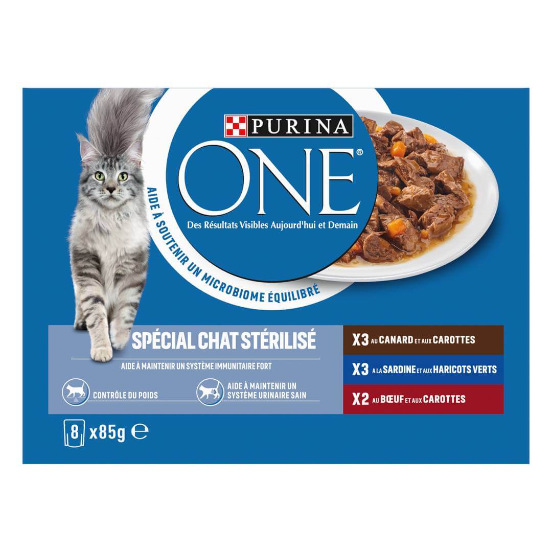 PURINA ONE Sachets pour Chat Stérilisé Canard Sardine et Bœuf 8x85g