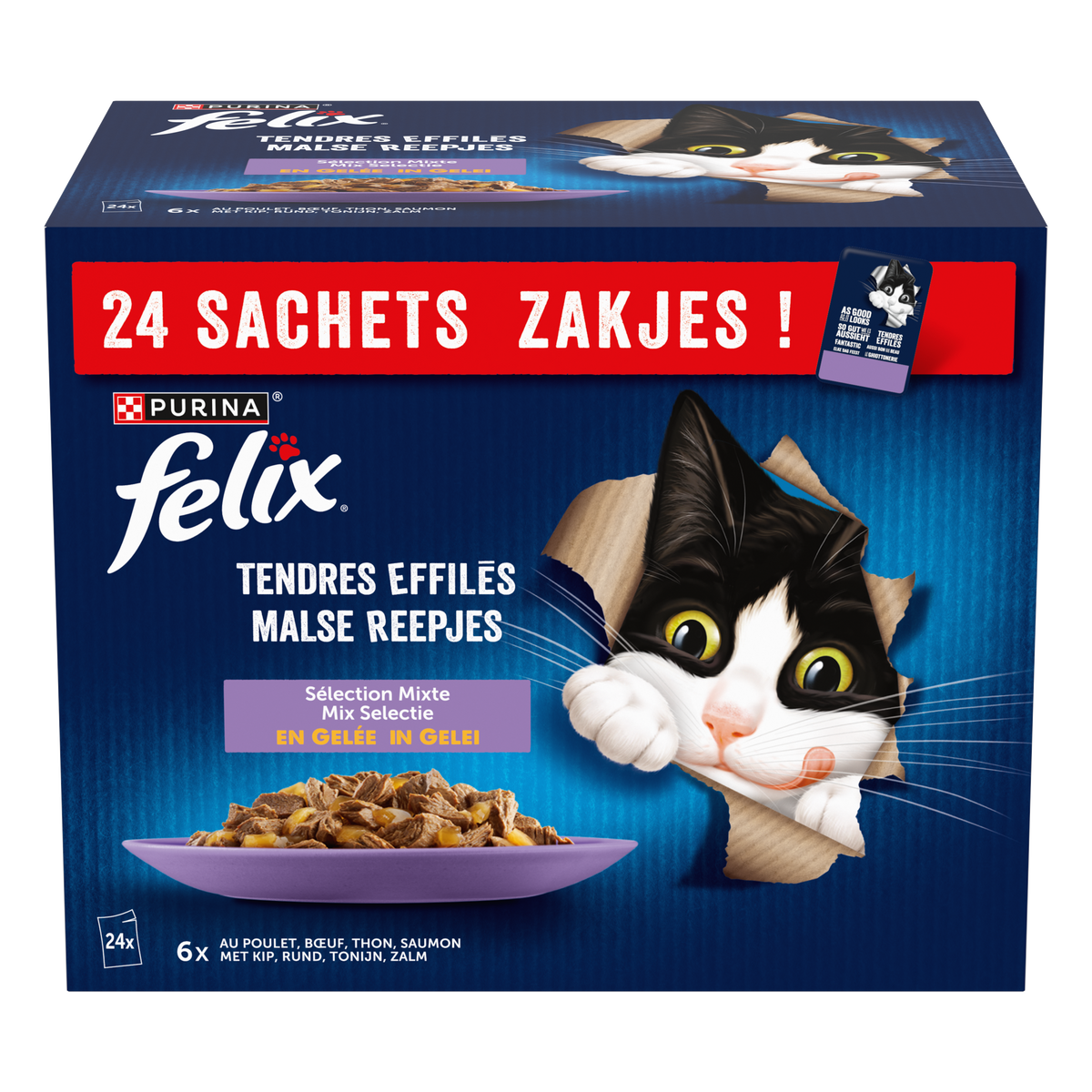 FELIX Tendres Effilés en Gelée Sélection Mixte pour Chat Adulte 24 x 85 g (Bœuf, Poulet, Saumon, Thon)