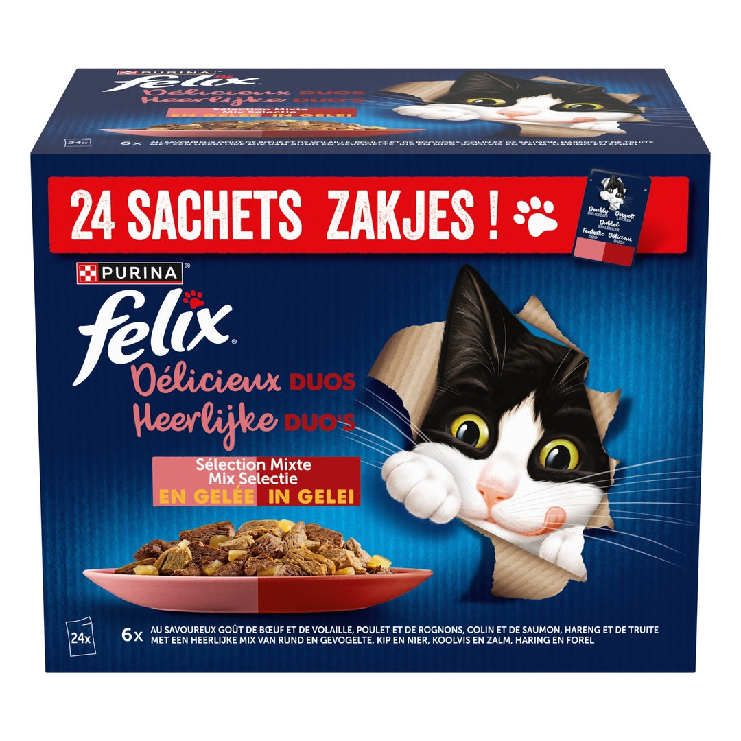 FELIX Tendres Effilés Délicieux Duos Sélection Mixte en Gelée pour Chat Adulte 24 x 85 g