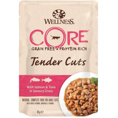 WELLNESS CORE Tender Cuts Nourriture humide pour chat adulte sans céréales Saumon & Thon en sauce 85g