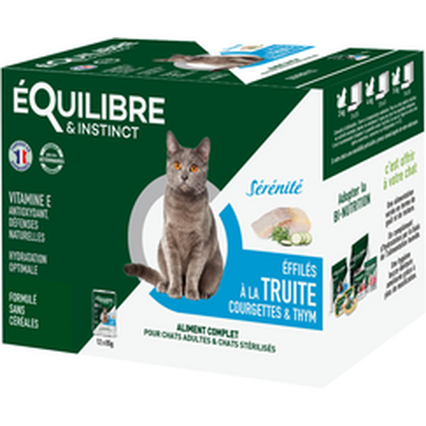 EQUILIBRE & INSTINCT Effilés Sérénité chat stérilisé à la truite, courgettes, thym 12x85g
