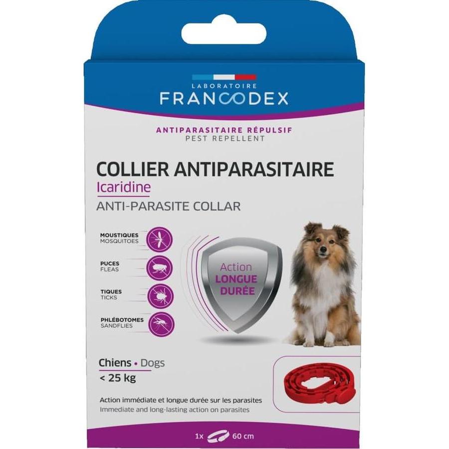 FRANCODEX Collier Antiparasitaire Icaridine Chien Moins de 25kg 60cm Rouge