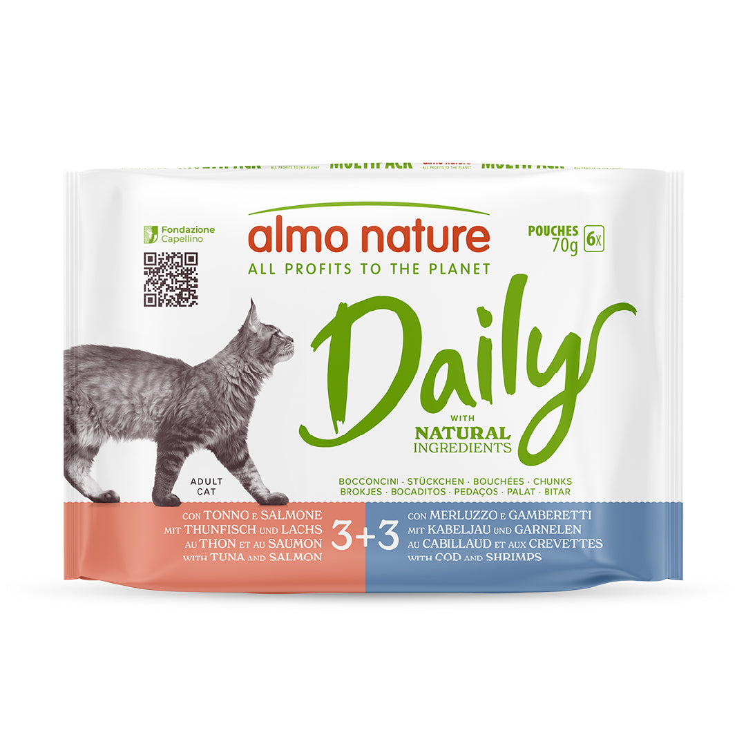 ALMO NATURE Daily Multipack Chat Thon Saumon et Cabillaud Crevettes 6x70g
