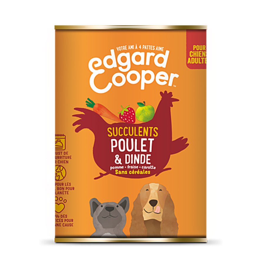 EDGARD COOPER Boîtes Sans Céréales Poulet & Dinde pour Chiens Adultes 400g