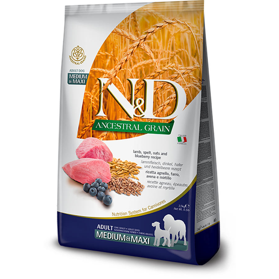 FARMINA N&D Ancestral Grain Adult Medium & Maxi Agneau et Myrtilles 12kg