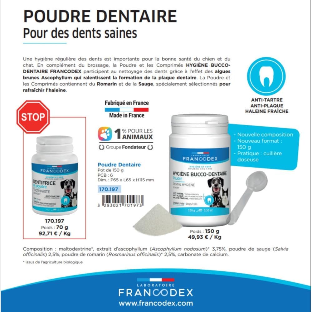 FRANCODEX Dentifrice en Poudre Chien & Chat 70g
