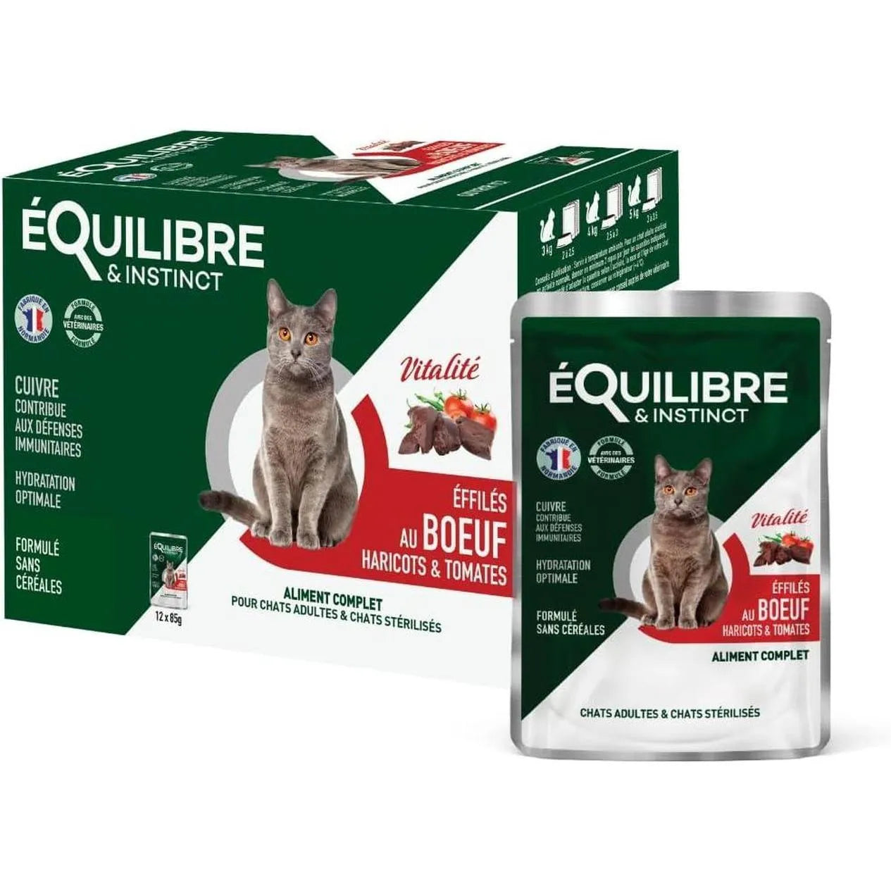 EQUILIBRE & INSTINCT Effilés Vitalité Chat Stérilisé au Bœuf, Haricots, Tomates 12x85g