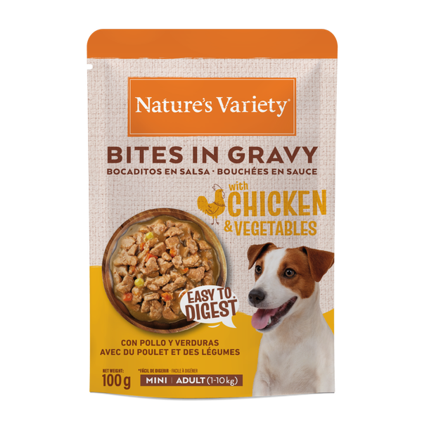 NATURE’S VARIETY Bites in Gravy mini, poulet et légumes 100 g