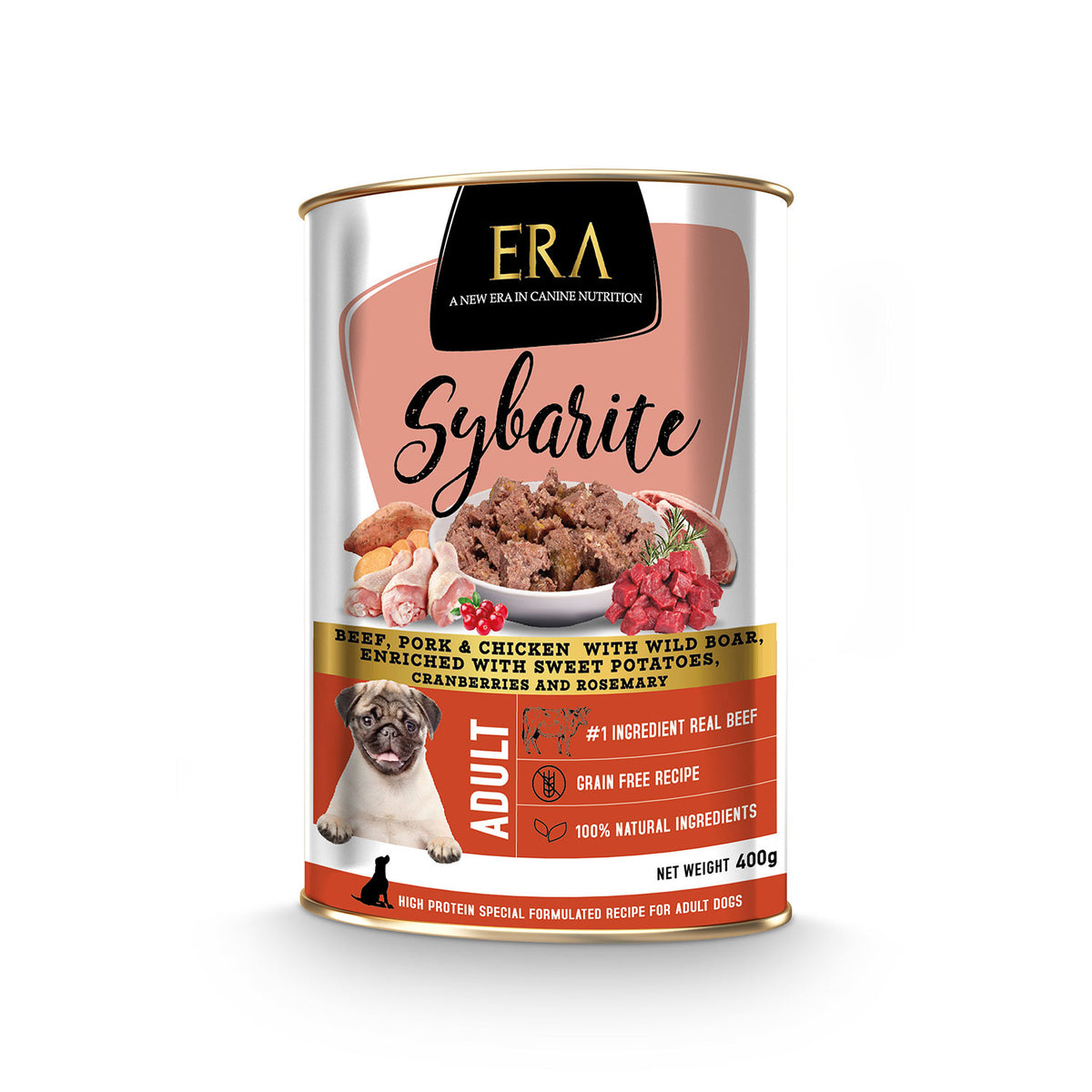 Era Sybarite Adulte - BOEUF, PORC ET POULET AVEC SANGLIER SAUVAGE, ENRICHI DE POMME DE TERRE DOUCE, BLEUETS ET ROMARIN 400 g.