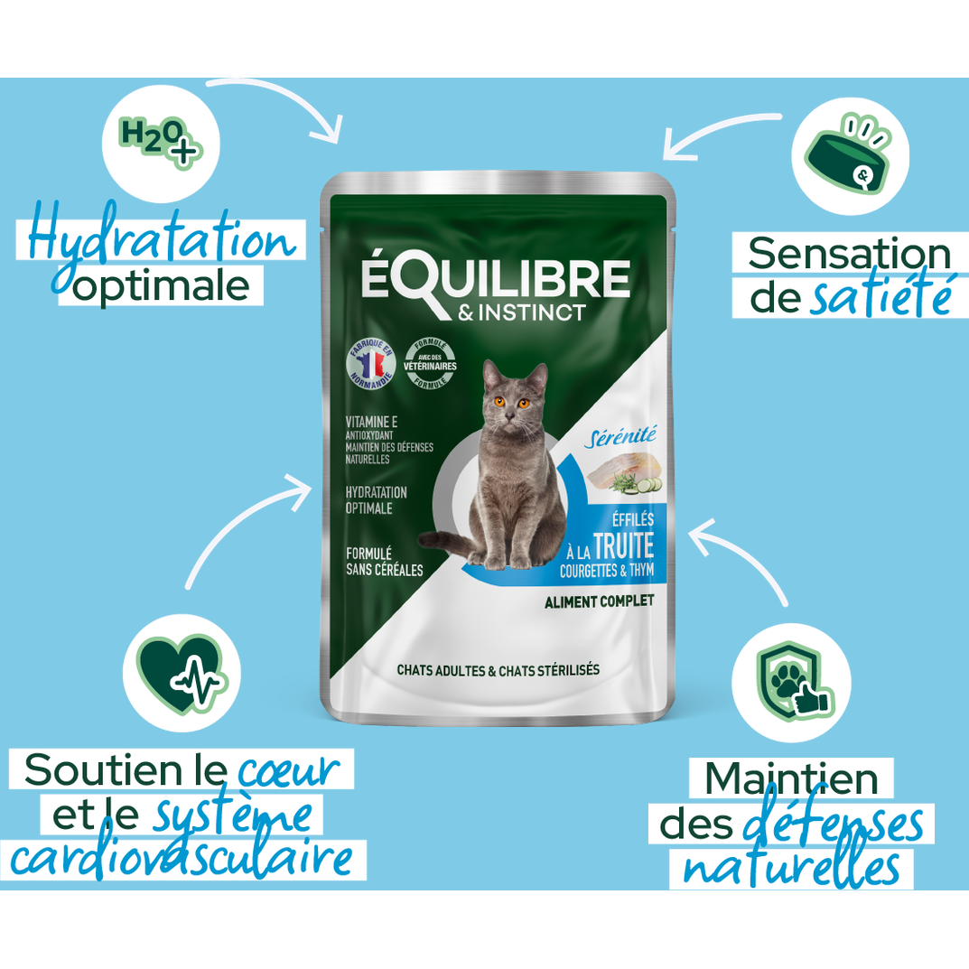 EQUILIBRE & INSTINCT Effilés Sérénité chat stérilisé à la truite, courgettes, thym 12x85g