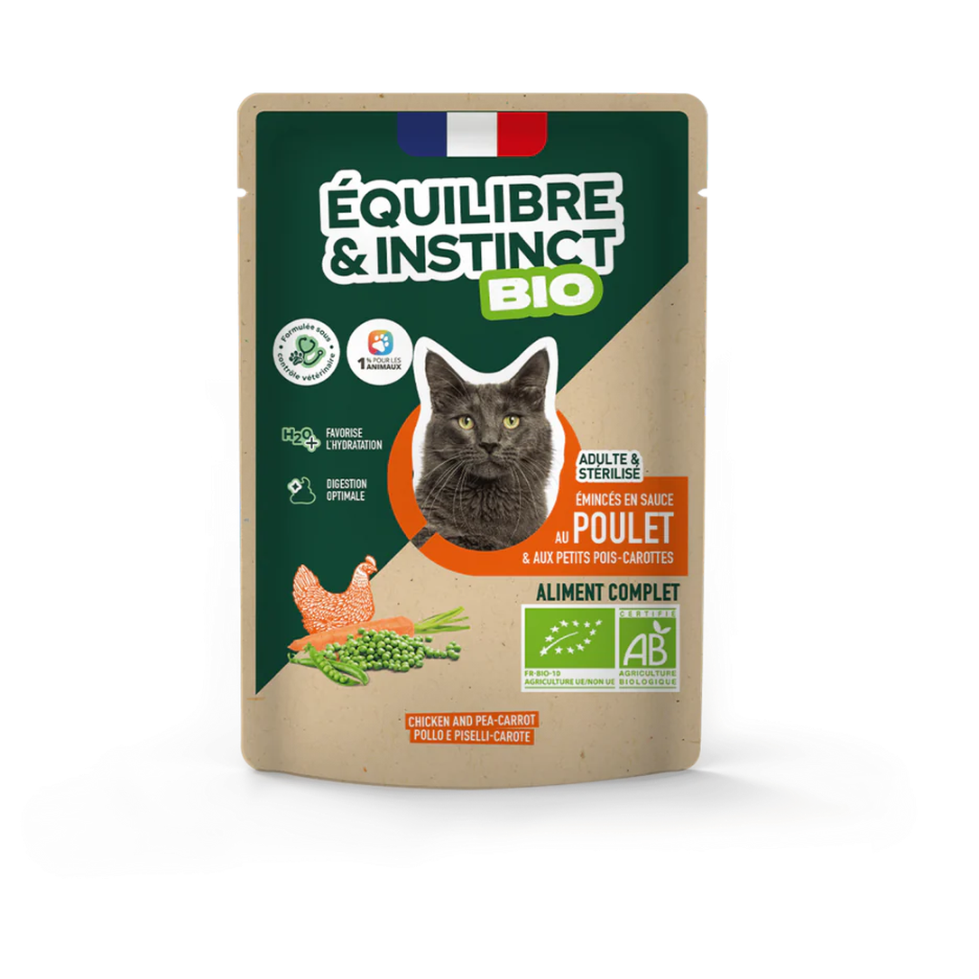 EQUILIBRE & INSTINCT Emincés pour chat au poulet légumes BIO 100g
