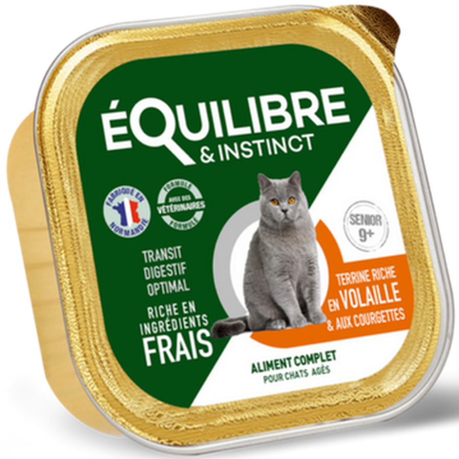 EQUILIBRE & INSTINCT Terrine pour chat âgé riche en volaille et aux courgettes 12x100g