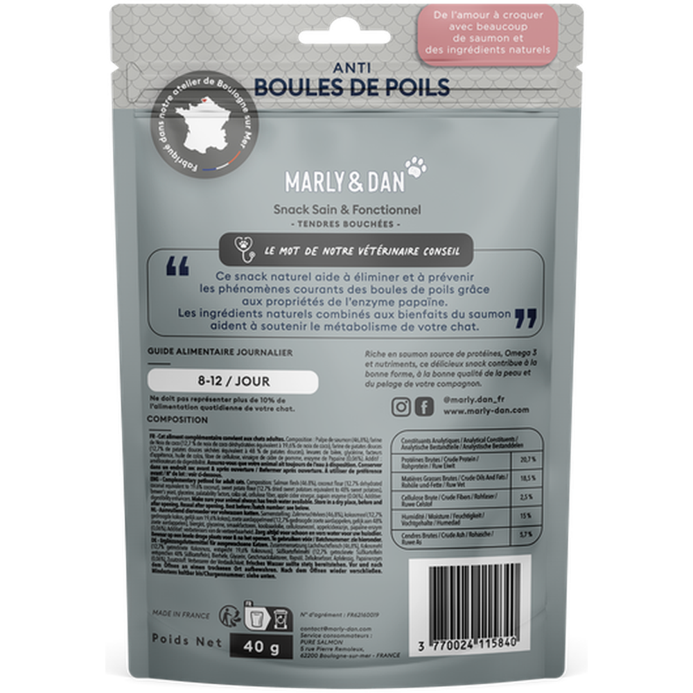 MARLY ET DAN Tendres Bouchées Anti Boules de Poil Chat Sans Céréales Saumon 40g