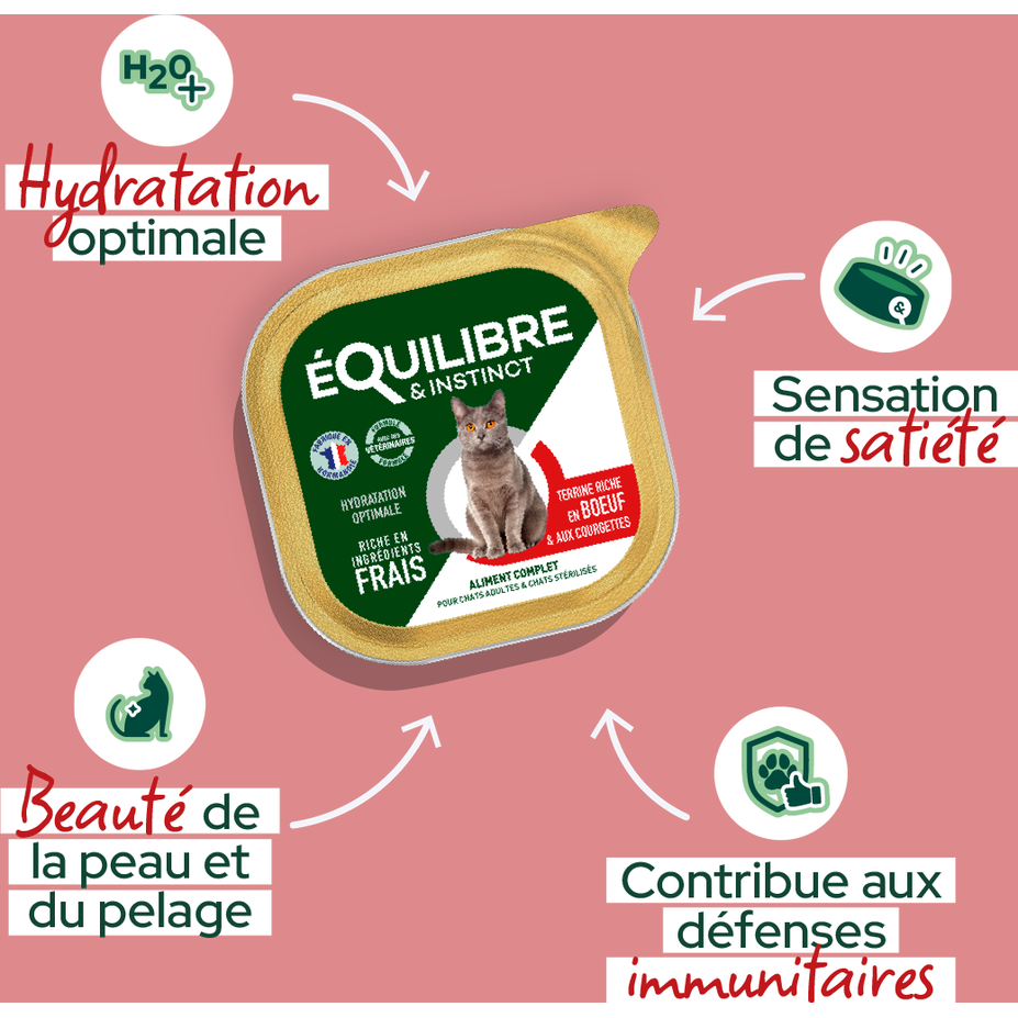 EQUILIBRE & INSTINCT Terrine pour chat stérilisé riche en boeuf & aux courgettes 12x100g